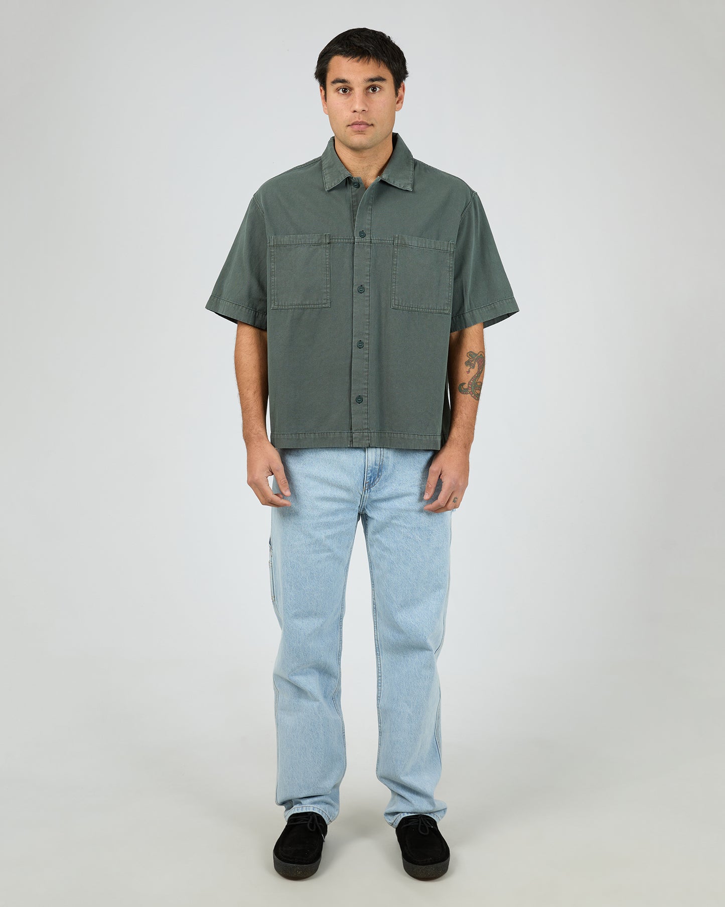 St Goliath Hardwear Short Sleeve Shirt - Pine | Men's Casual Boxy Cotton Shirt