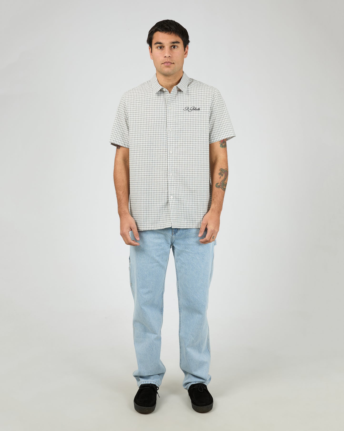 St Goliath Steps Check Short Sleeve Shirt - White | Men's Smart Casual Check Shirt