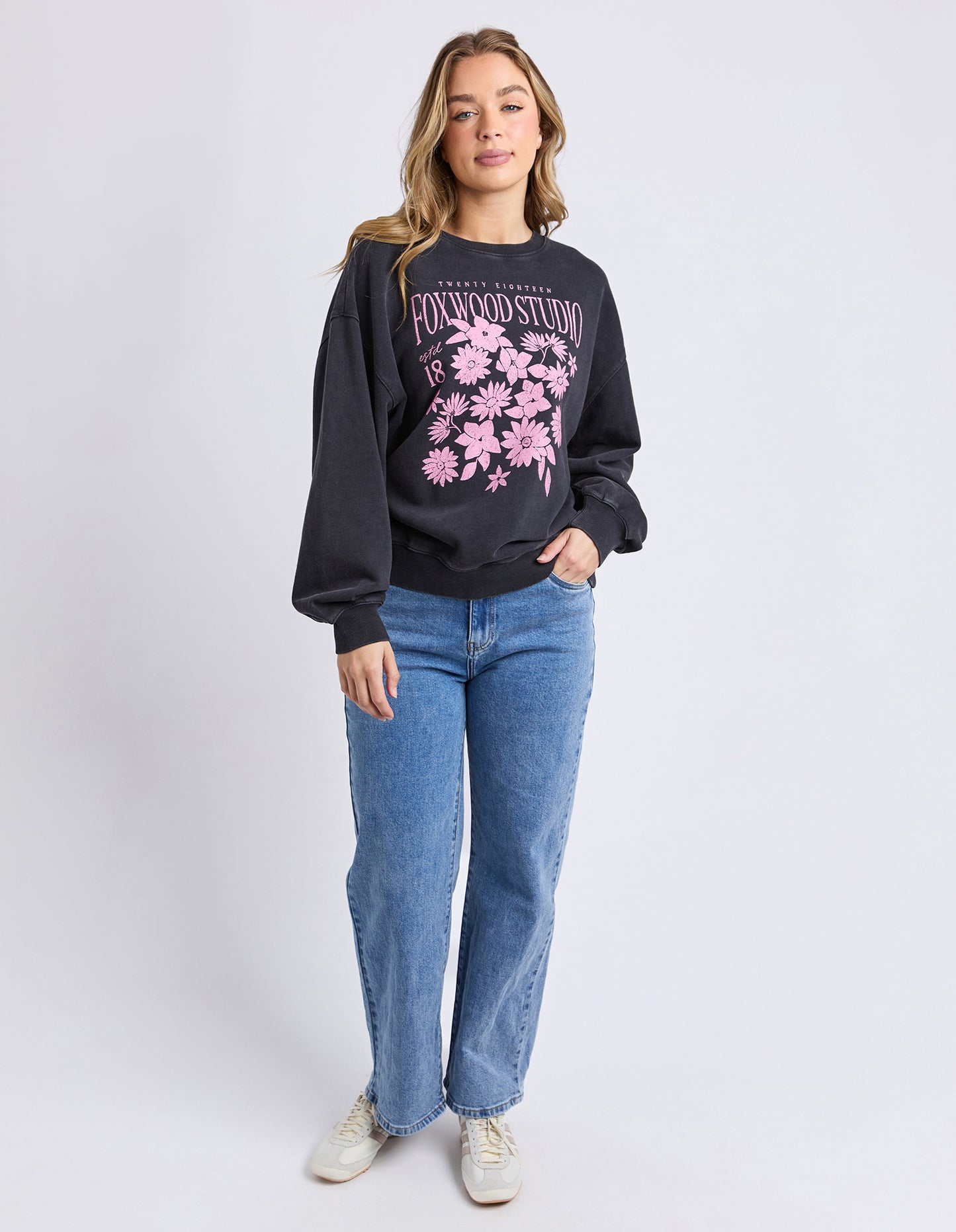 Foxwood Floret Crew - Black | Women's Floral Cotton Sweatshirt