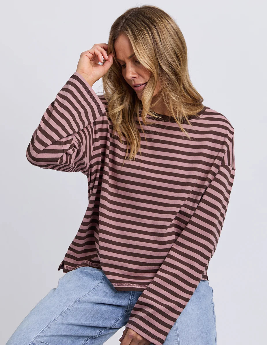 Foxwood Lola Stripe Long Sleeve - Coffee & Dusty Rose | Women's Everyday Top