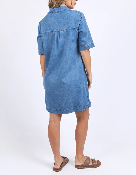 Foxwood Monte Shirt Dress - Mid Blue | Relaxed V-Neck Collar T-Shirt Dress