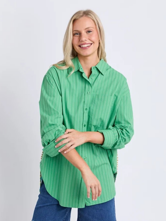 Elm Tropical Muse Shirt - Green Briar Stripe | Women's Cotton Shirt