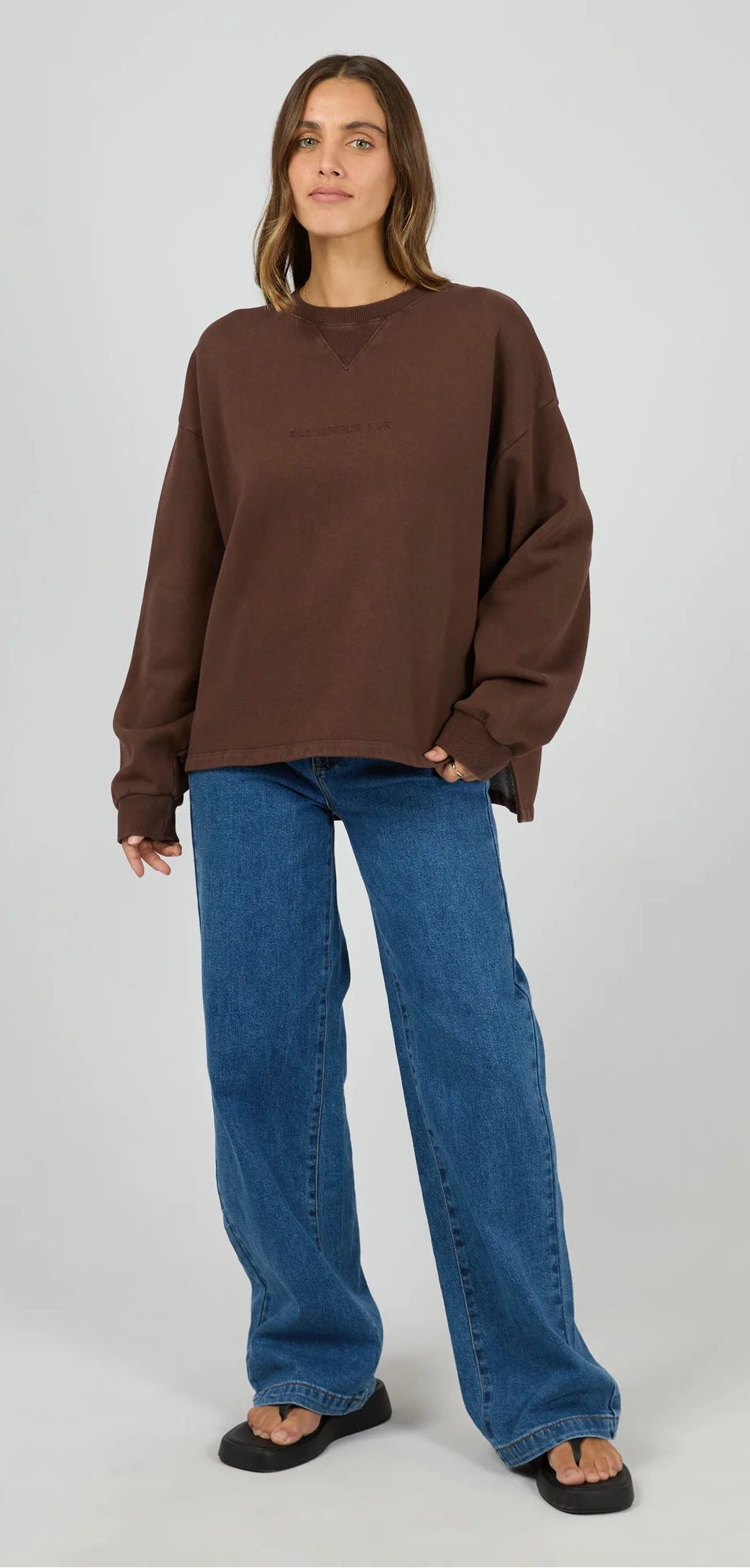 All About Eve Washed Box Crew - Brown | Women’s Oversized Vintage‑Wash Sweatshirt