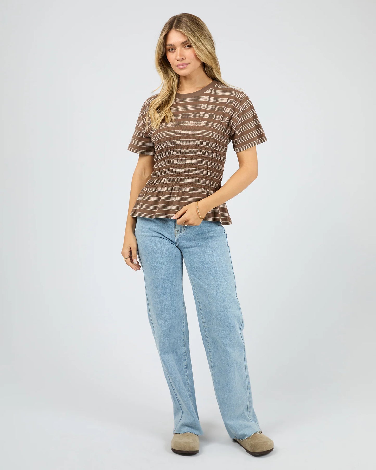 All About Eve Zelena Knit Tee - Coffee | Women's Shirred Cotton Stripe Tee