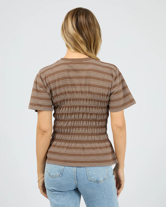 All About Eve Zelena Knit Tee - Coffee | Women's Shirred Cotton Stripe Tee