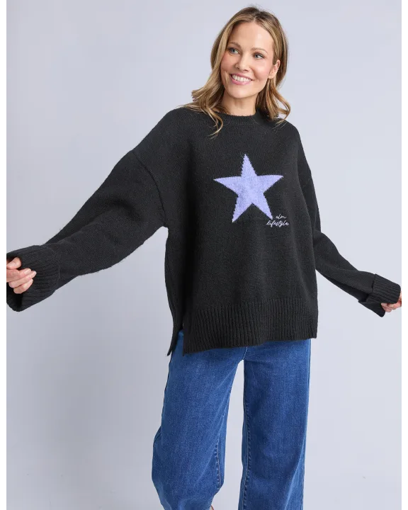 Elm Intarsia Star Knit - Black | Relaxed Fit Wool Blend Jumper