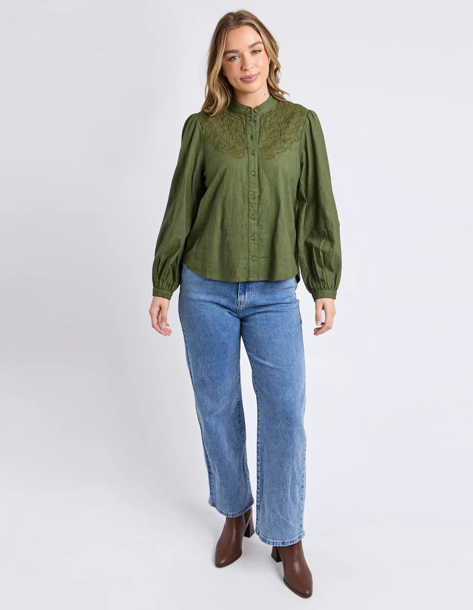 Foxwood Eleanor Top - Winter Moss | Women's Linen Blend Embroidered Button Blouse