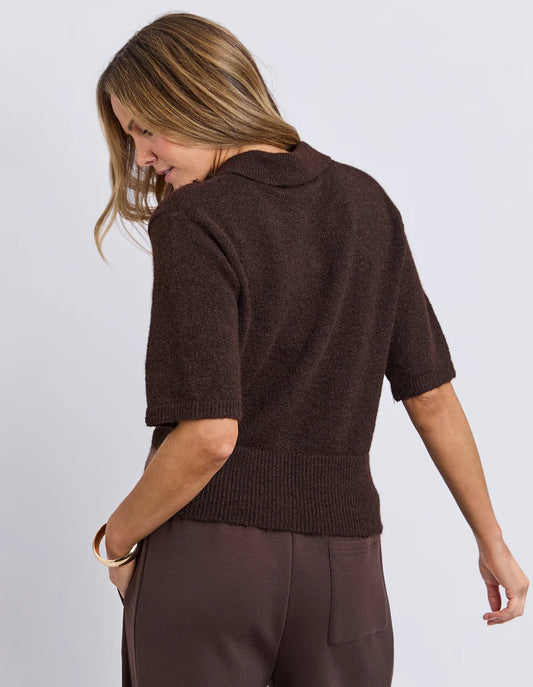 Back view of the Fernie Button Knit highlighting relaxed fit and ribbed hem.