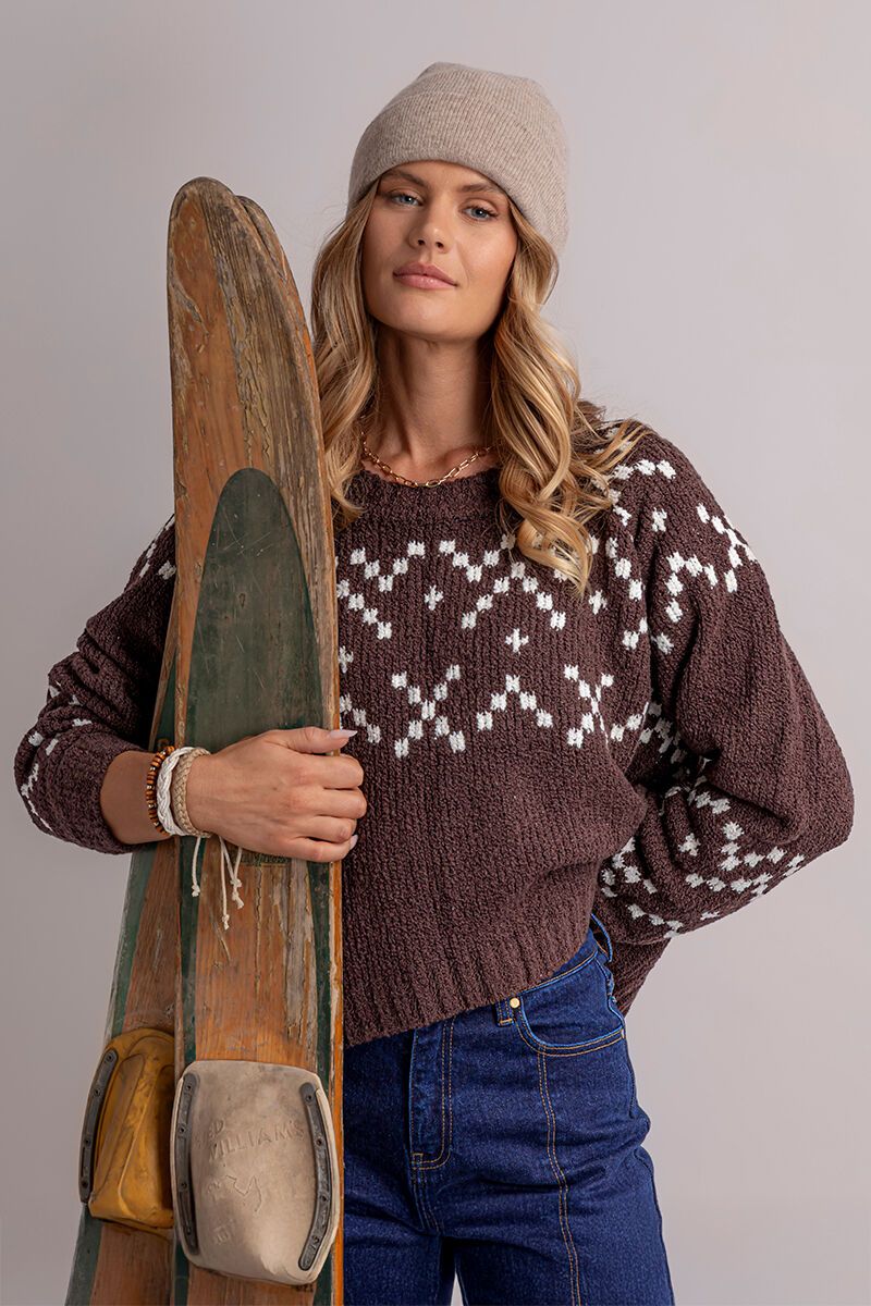 Foxwood Polar Knit Crew - Coffee | Wool Blend Intarsia Knit Jumper