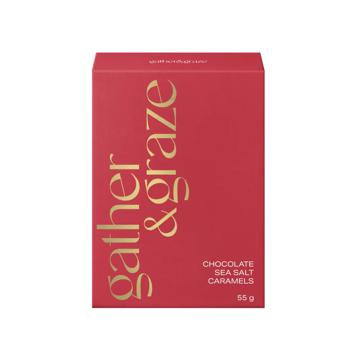 Red box of Gather & Graze chocolate sea salt caramels on a white background
