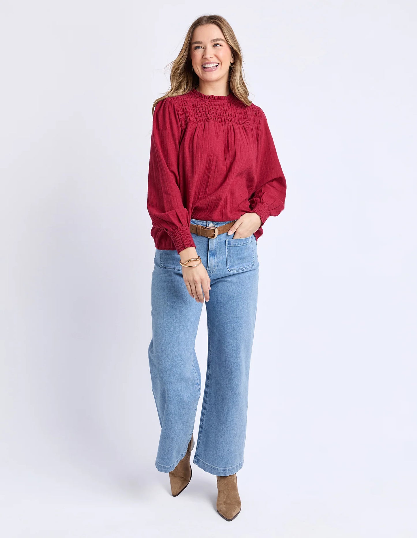Foxwood Whitney Top - Rhubarb Red | Women’s Cotton Shirred Top
