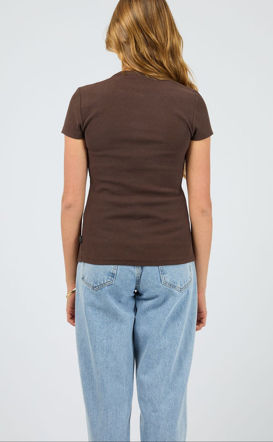 Silent Theory Button Up Short Sleeve Tee - Chocolate | Women’s Ribbed Everyday T-Shirt