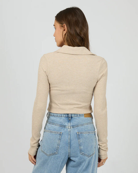 Silent Theory Aria Ribbed Long Sleeve Knit Top - Oat | Women’s Soft Layering Long Sleeve Top