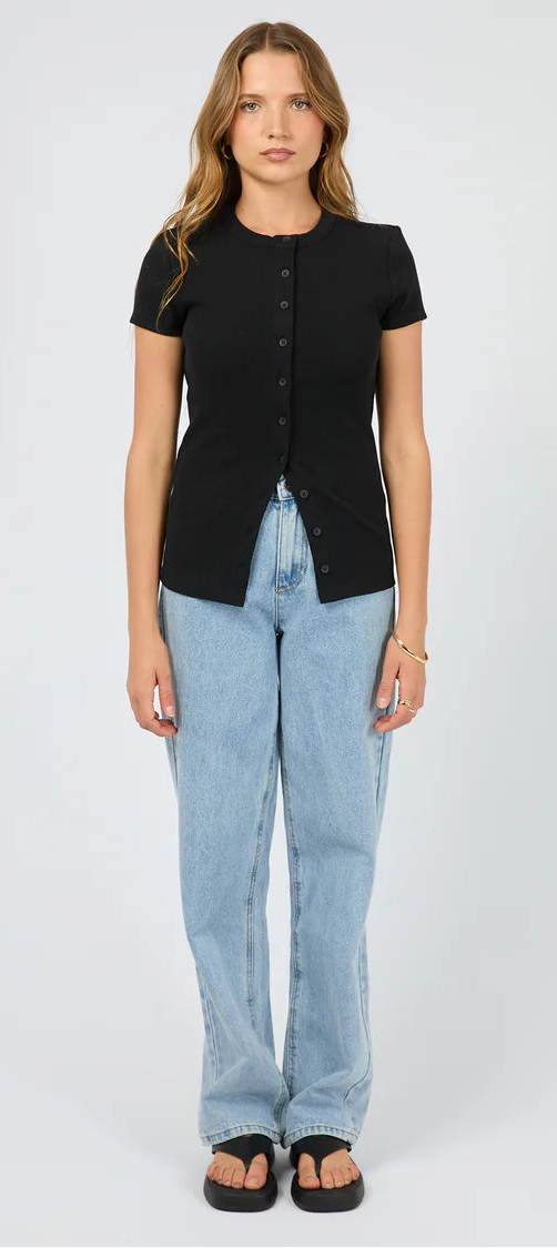 Silent Theory Button Up Short Sleeve Tee - Black | Women’s Ribbed Everyday T-Shirt