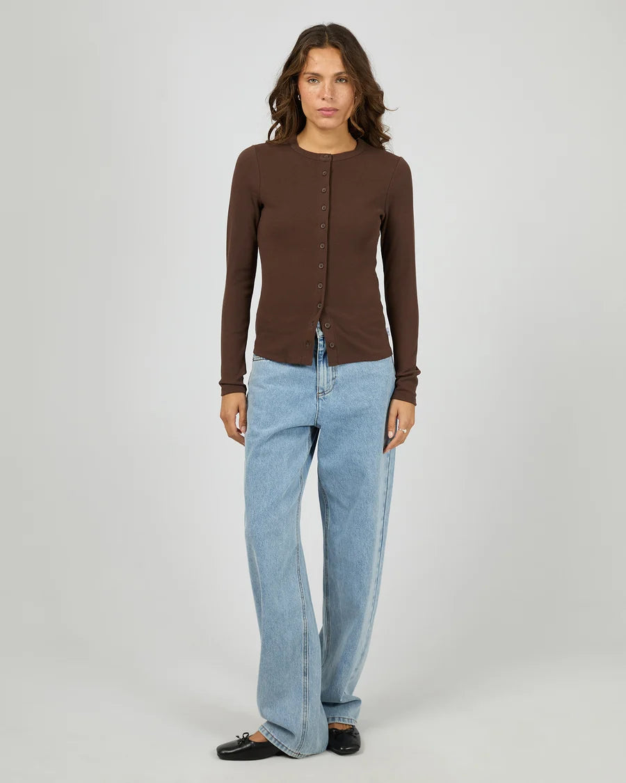 Silent Theory Button Up Long Sleeve Tee - Chocolate | Women's Ribbed Cotton Button Top