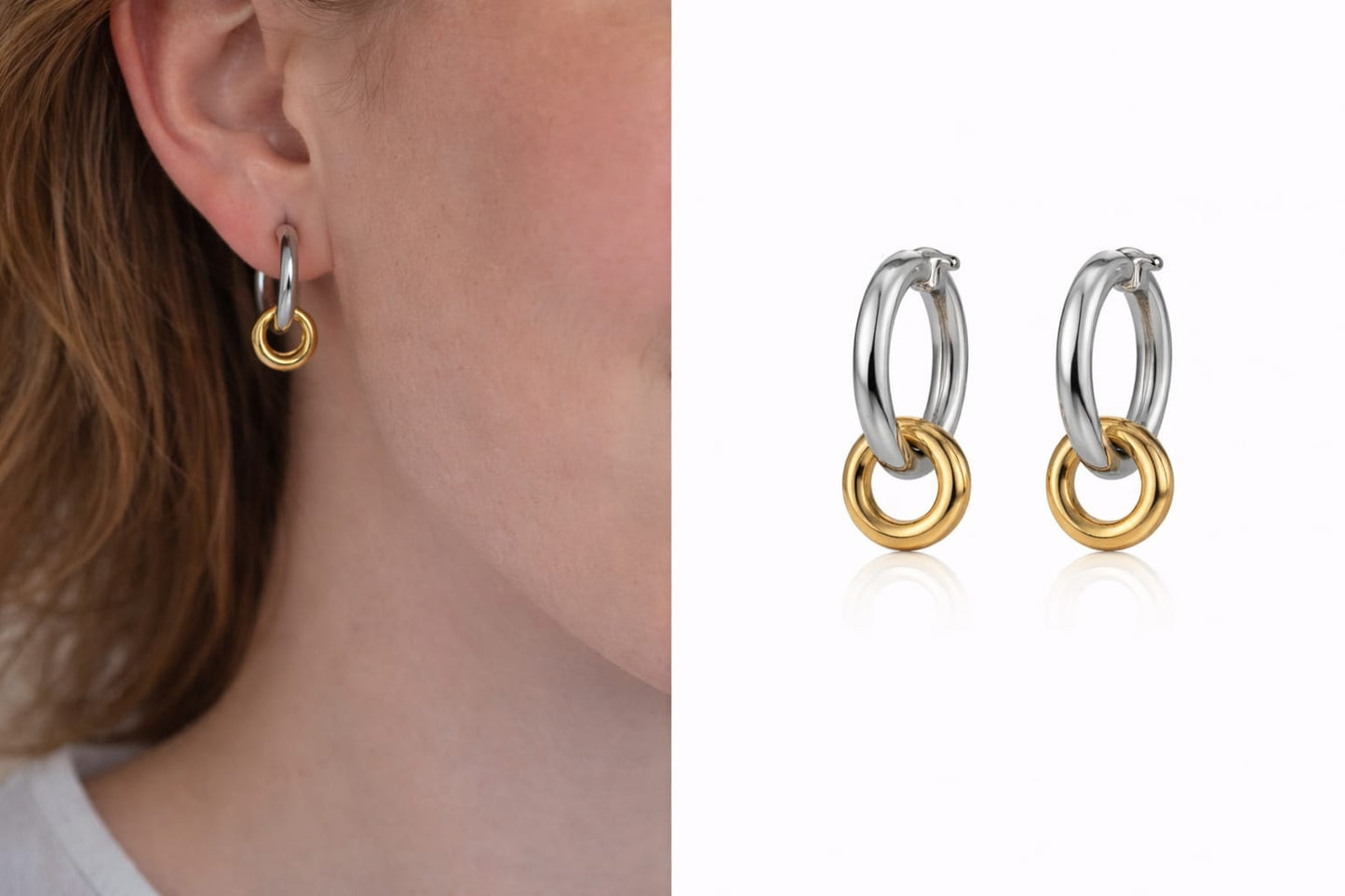 Steel Works Two‑Tone Double Hoop Earrings - Rosa | Silver & Gold Mixed Metal