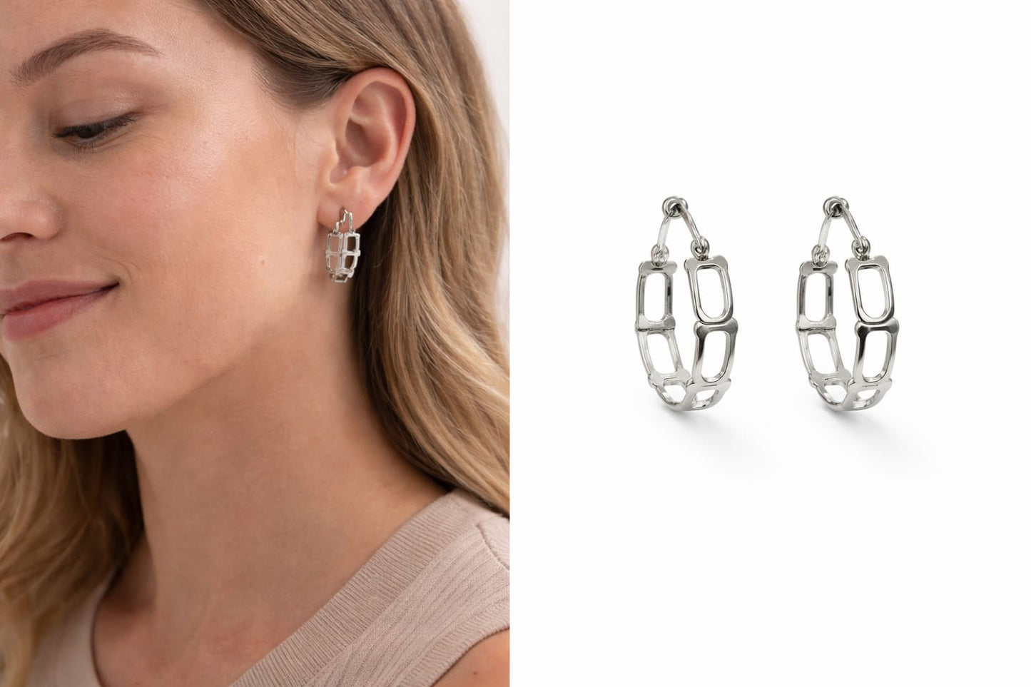 Steel Works Silver Geo‑Link Hoop Earrings - Amber | Hypoallergenic Surgical Steel