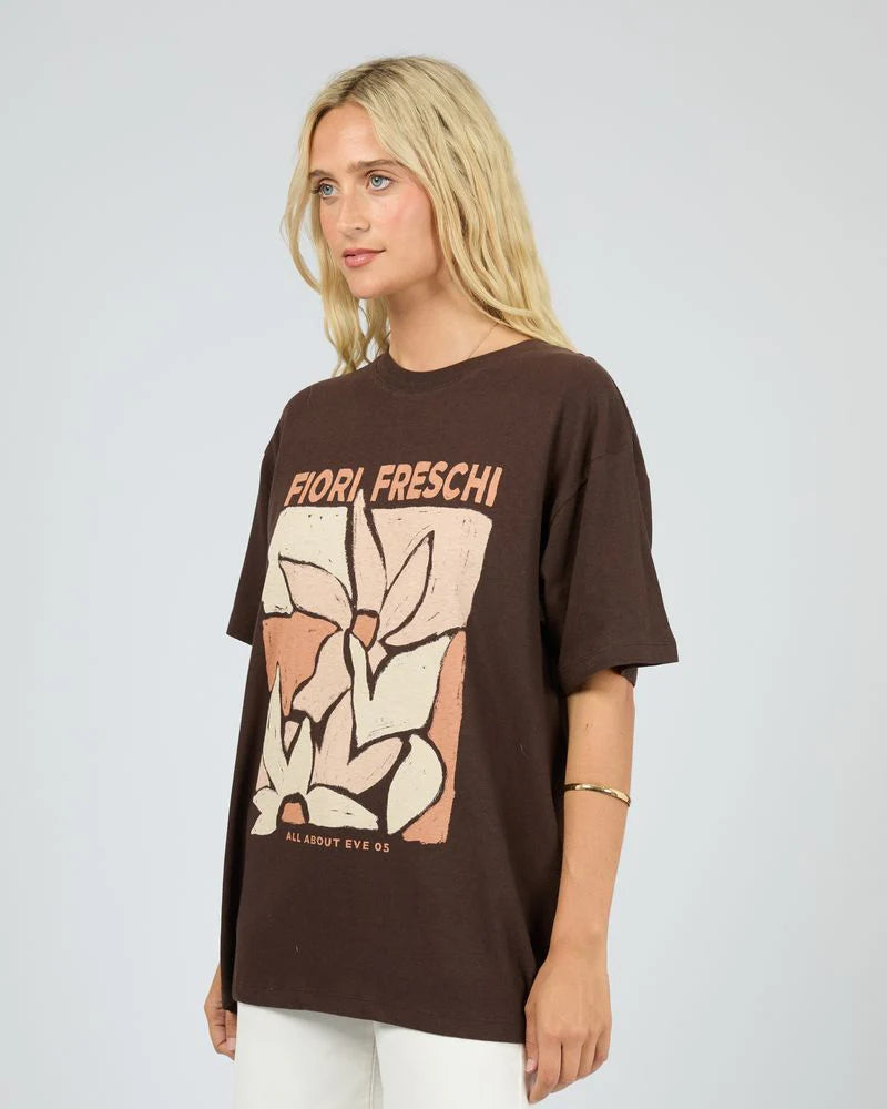 All About Eve Fiori Freschi Relaxed Tee - Brown | Women’s Graphic Cotton & Linen Tee