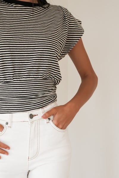 All About Eve Paige Tee – Stripe | Women’s Cotton‑Hemp Gathered Waist Tee