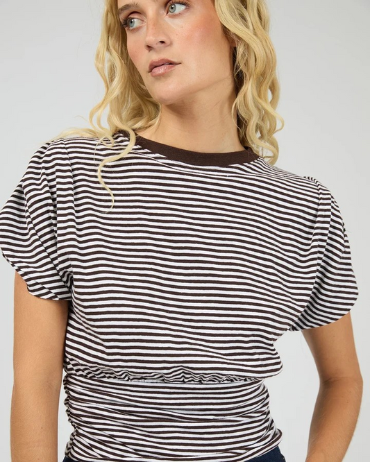 All About Eve Paige Tee – Brown | Women’s Cotton‑Hemp Gathered Waist Tee