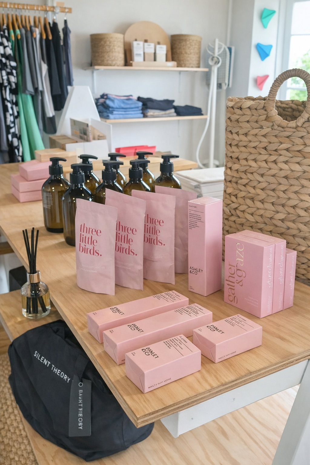 Curated boutique display featuring Ashley & Co and Three Little Birds products arranged on a wooden table, with soft pink packaging, glass diffuser, and woven textures — a calm, intentional snapshot of the Salt & Honey store experience