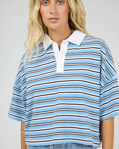 All About Eve Junie Stripe Rugby Tee – Blue | Women’s Yarn‑Dyed Cotton Rugby Tee