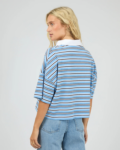 All About Eve Junie Stripe Rugby Tee – Blue | Women’s Yarn‑Dyed Cotton Rugby Tee