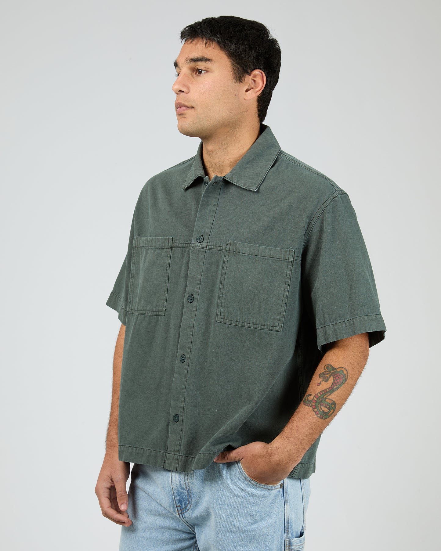 St Goliath Hardwear Short Sleeve Shirt - Pine | Men's Casual Boxy Cotton Shirt