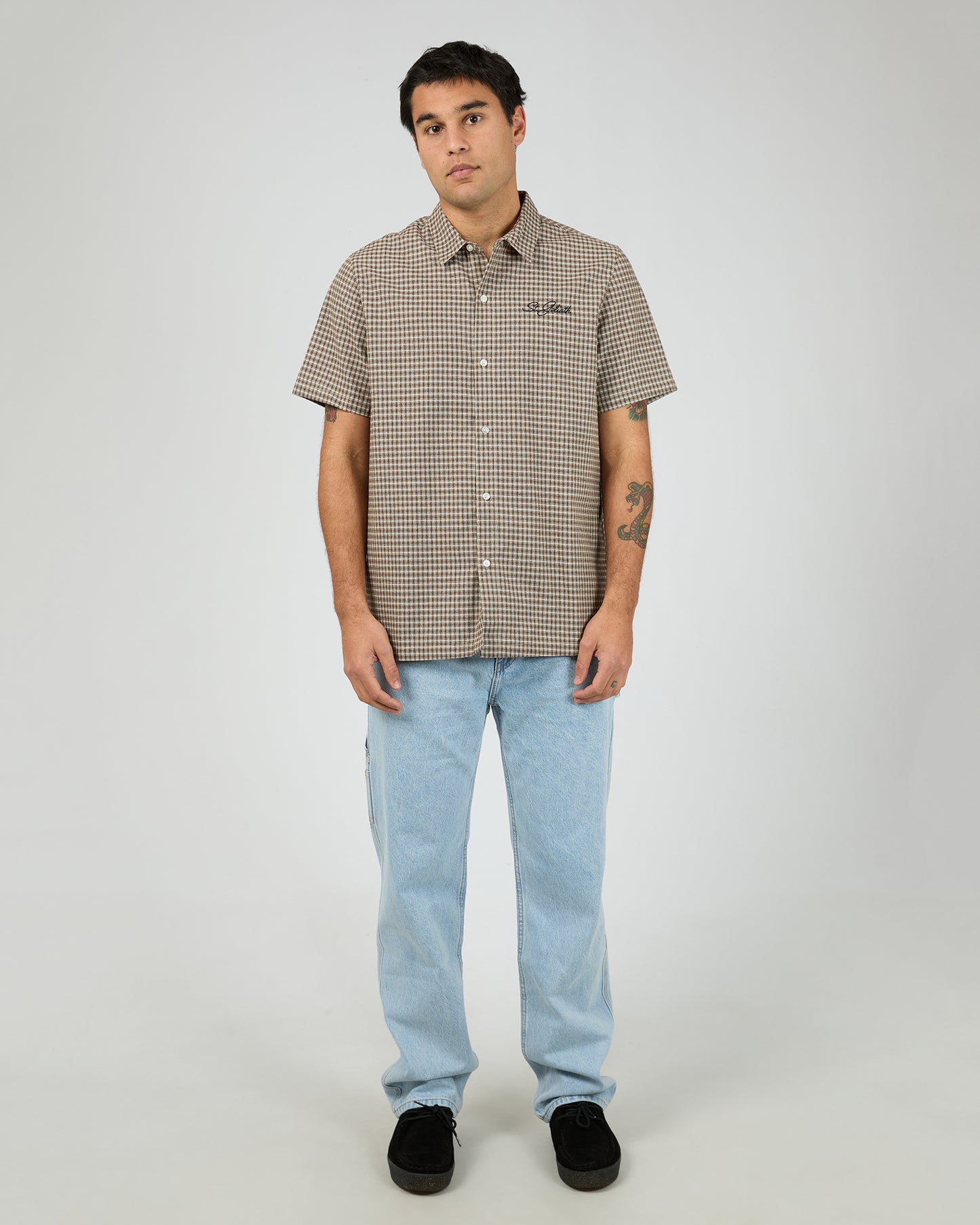 St Goliath Steps Check Short Sleeve Shirt - Brown | Men's Smart Casual Check Shirt