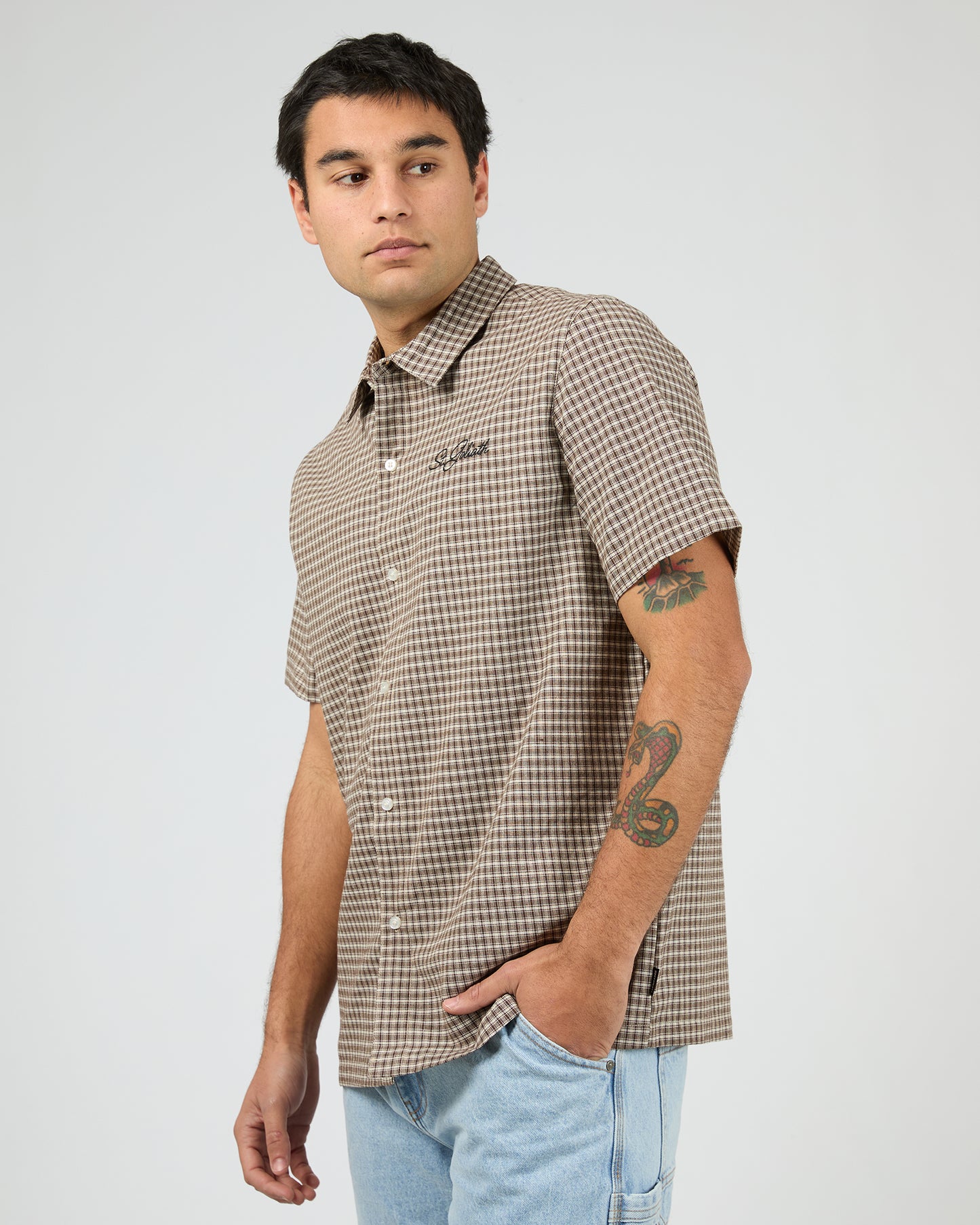 St Goliath Steps Check Short Sleeve Shirt - Brown | Men's Smart Casual Check Shirt