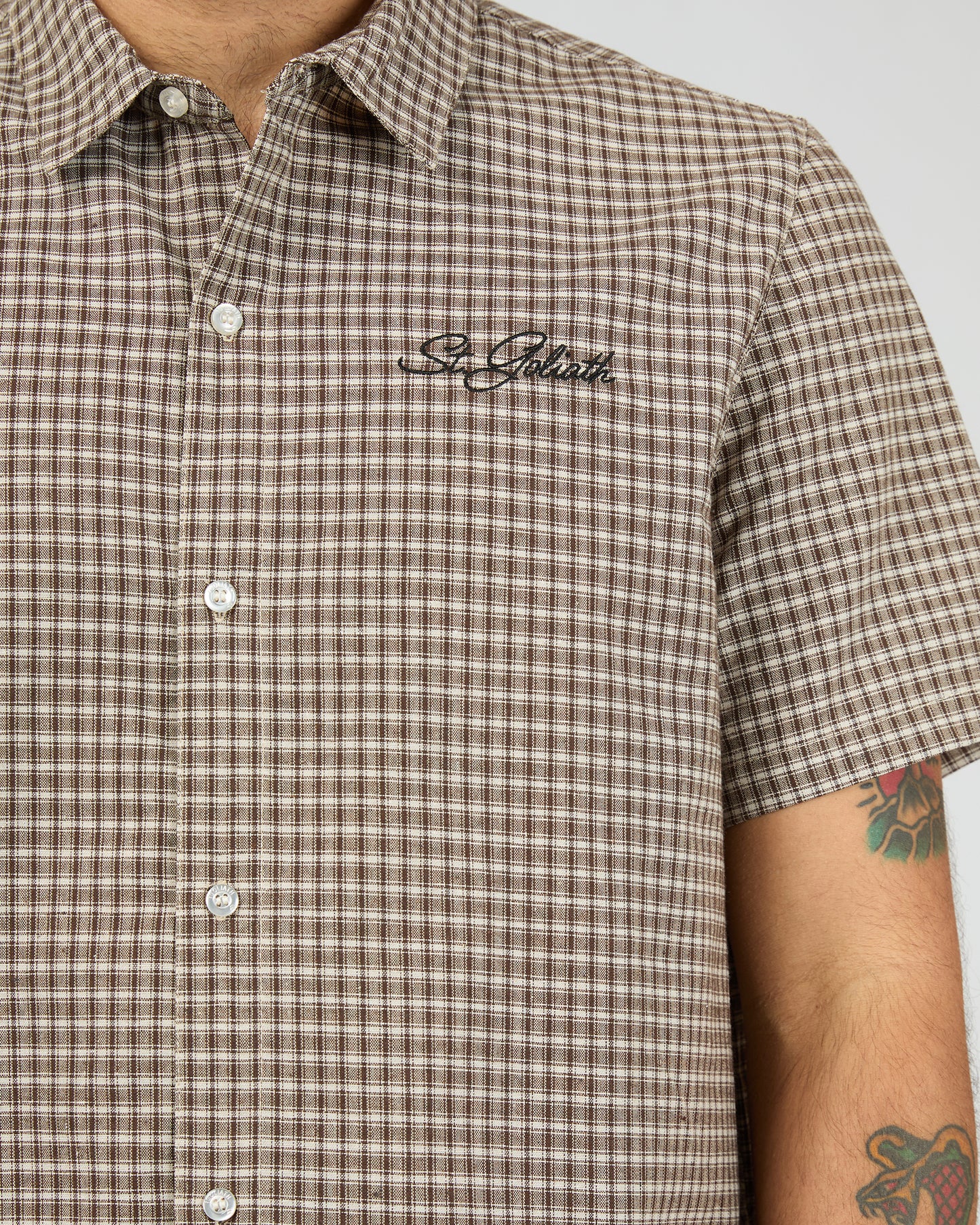 St Goliath Steps Check Short Sleeve Shirt - Brown | Men's Smart Casual Check Shirt