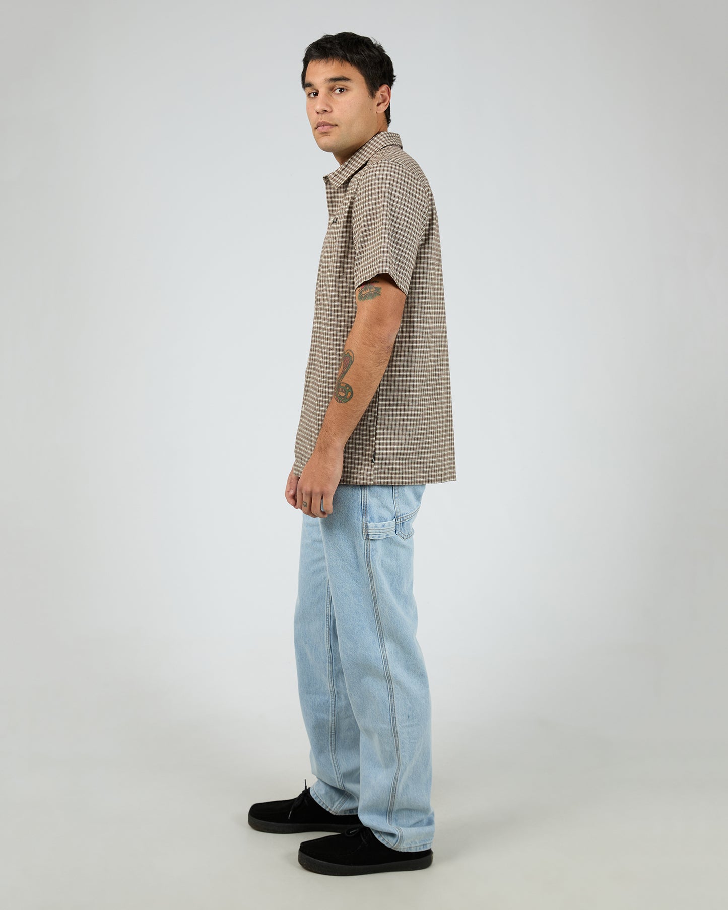 St Goliath Steps Check Short Sleeve Shirt - Brown | Men's Smart Casual Check Shirt