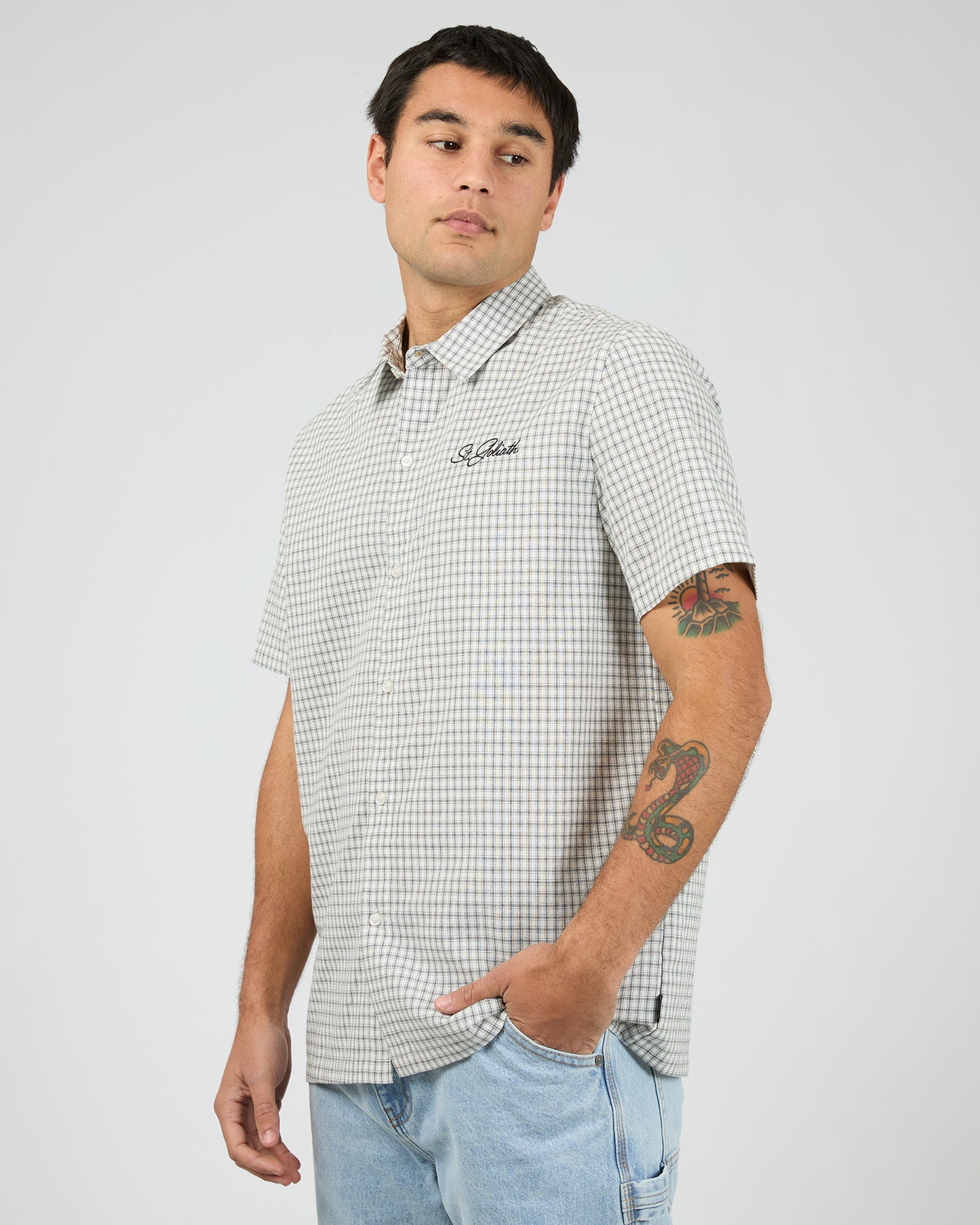 St Goliath Steps Check Short Sleeve Shirt - White | Men's Smart Casual Check Shirt