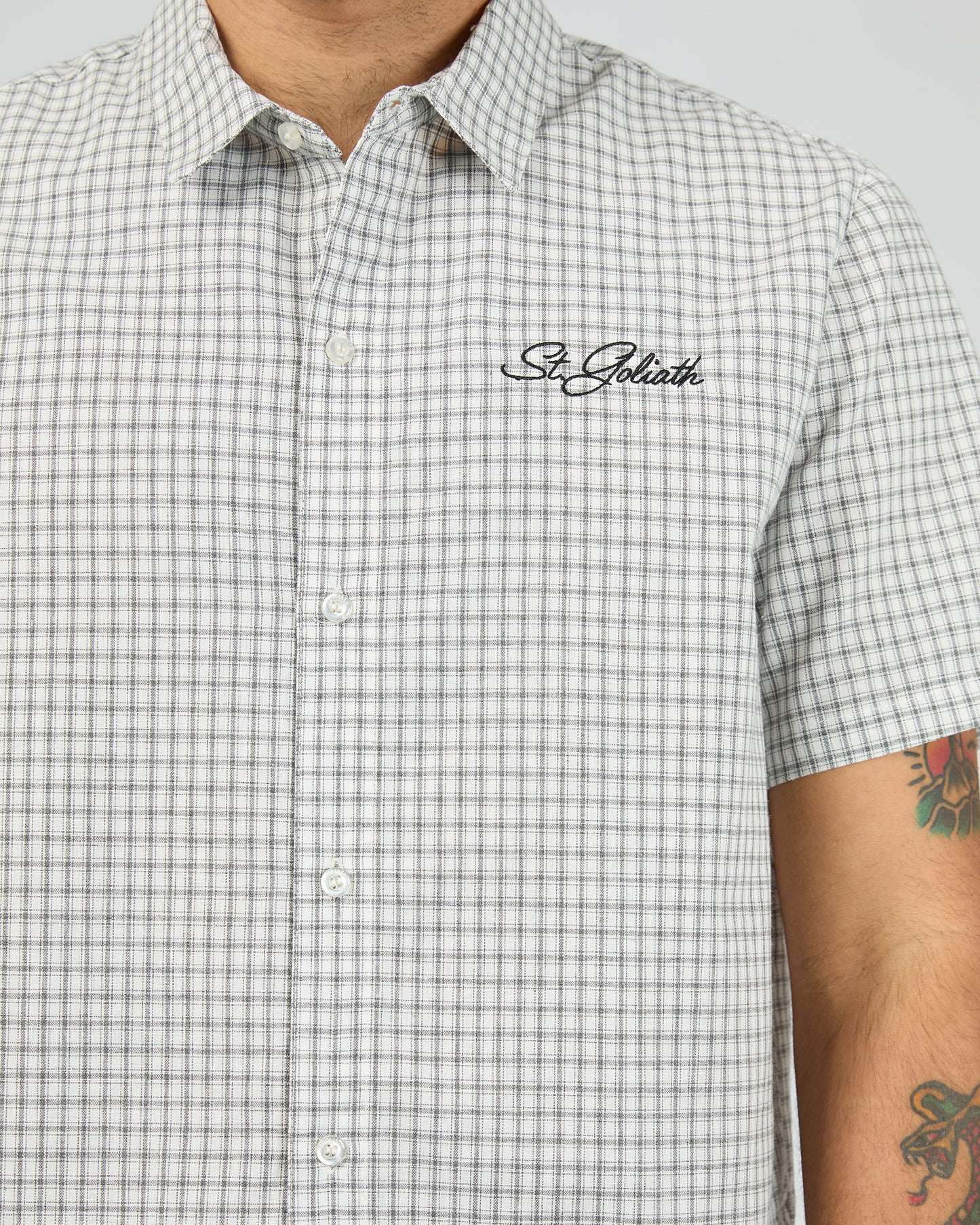 St Goliath Steps Check Short Sleeve Shirt - White | Men's Smart Casual Check Shirt