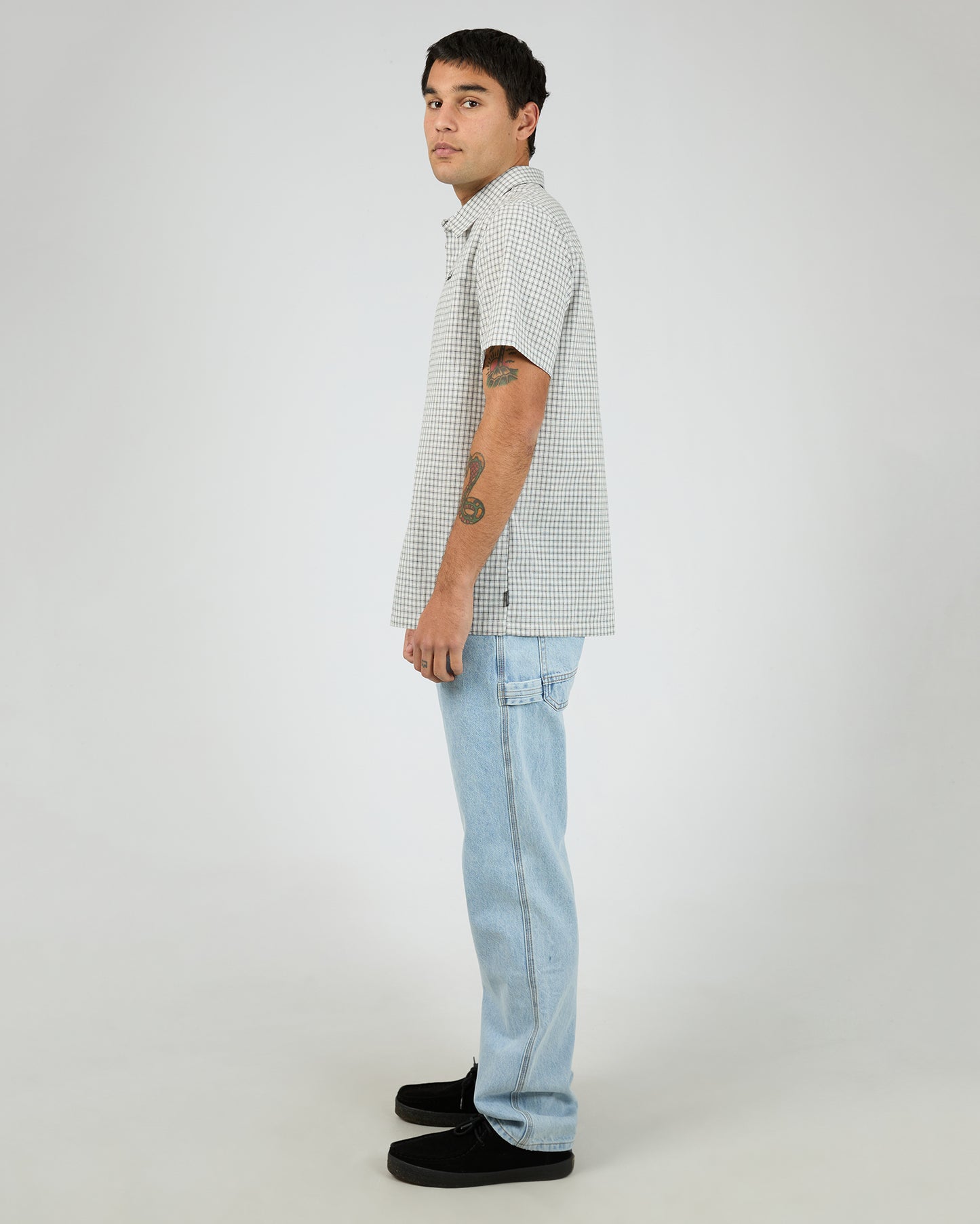 St Goliath Steps Check Short Sleeve Shirt - White | Men's Smart Casual Check Shirt
