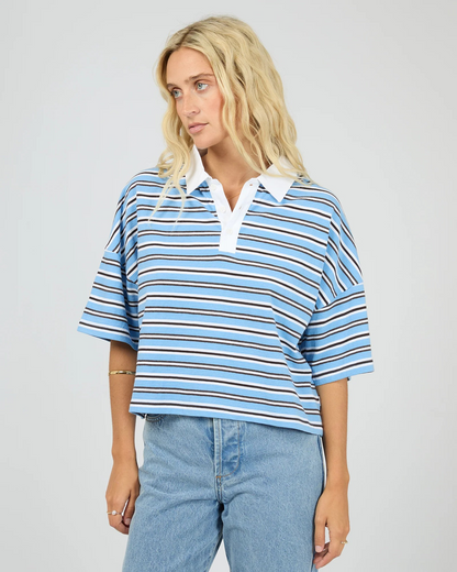 All About Eve Junie Stripe Rugby Tee – Blue | Women’s Yarn‑Dyed Cotton Rugby Tee