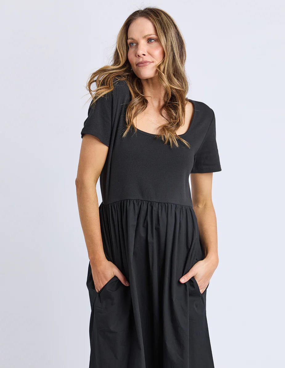 Foxwood Ella Dress - Black | Women’s Ribbed Top Cotton Poplin Midi Dress
