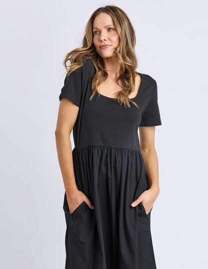 Foxwood Ella Dress - Black | Women’s Ribbed Top Cotton Poplin Midi Dress