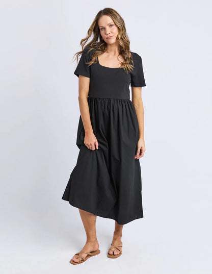 Foxwood Ella Dress - Black | Women’s Ribbed Top Cotton Poplin Midi Dress