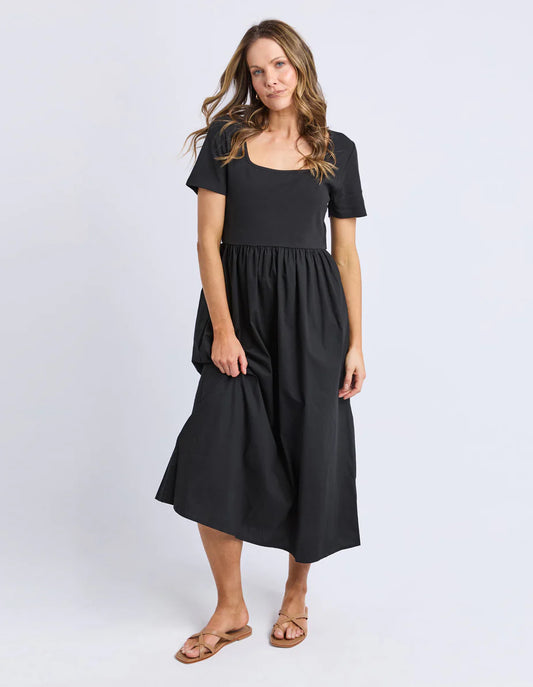 Foxwood Ella Dress - Black | Women’s Ribbed Top Cotton Poplin Midi Dress