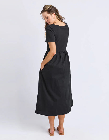 Foxwood Ella Dress - Black | Women’s Ribbed Top Cotton Poplin Midi Dress