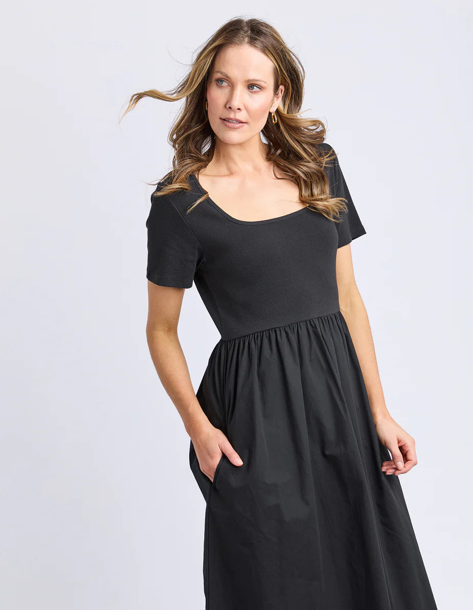 Foxwood Ella Dress - Black | Women’s Ribbed Top Cotton Poplin Midi Dress