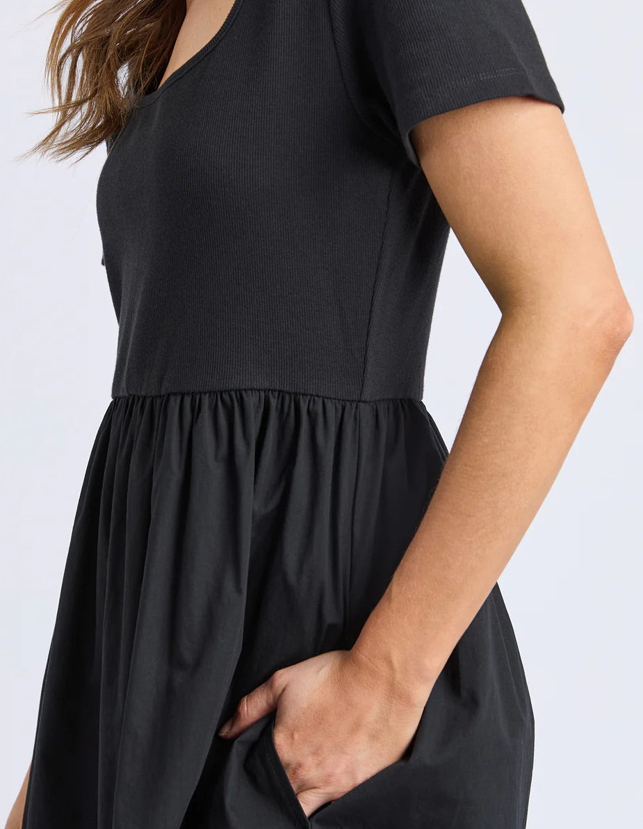 Foxwood Ella Dress - Black | Women’s Ribbed Top Cotton Poplin Midi Dress