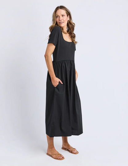 Foxwood Ella Dress - Black | Women’s Ribbed Top Cotton Poplin Midi Dress
