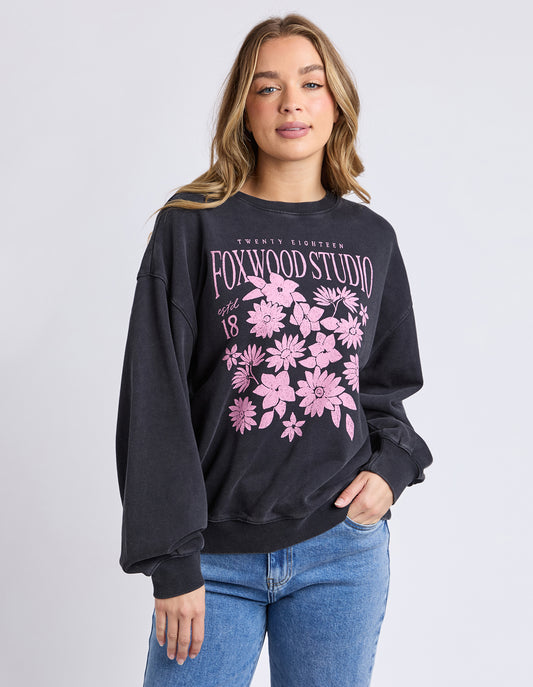 Foxwood Floret Crew - Black | Women's Floral Cotton Sweatshirt