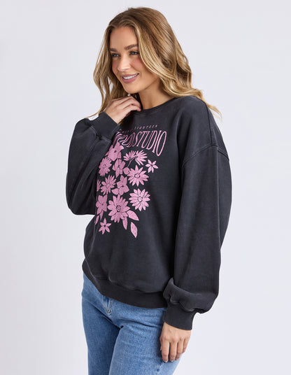 Foxwood Floret Crew - Black | Women's Floral Cotton Sweatshirt