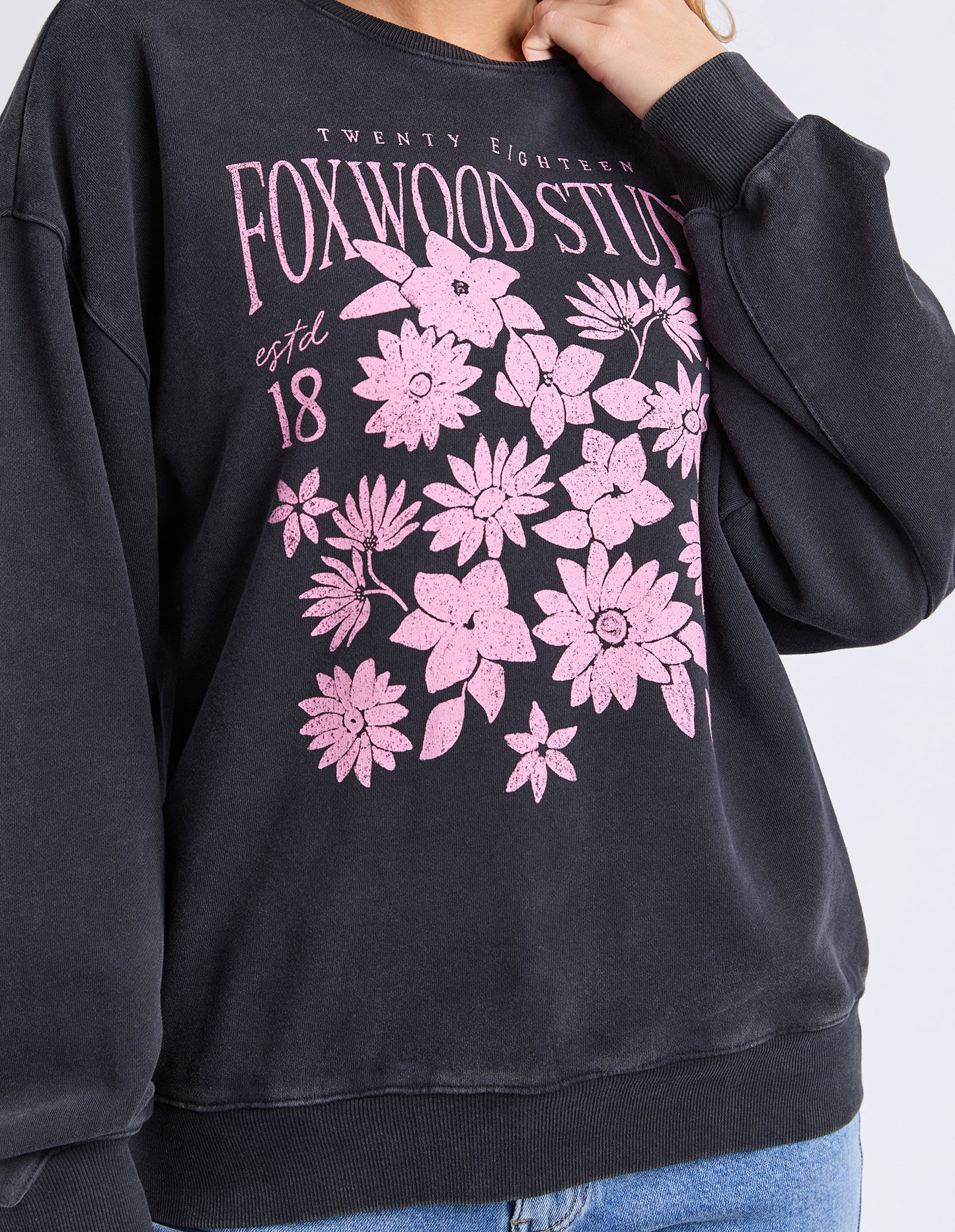 Foxwood Floret Crew - Black | Women's Floral Cotton Sweatshirt