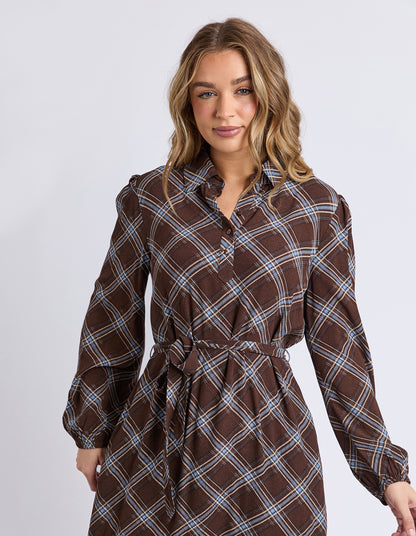 Foxwood Edison Check Dress - Chocolate Check | Relaxed Fit Soft Drape Check Dress