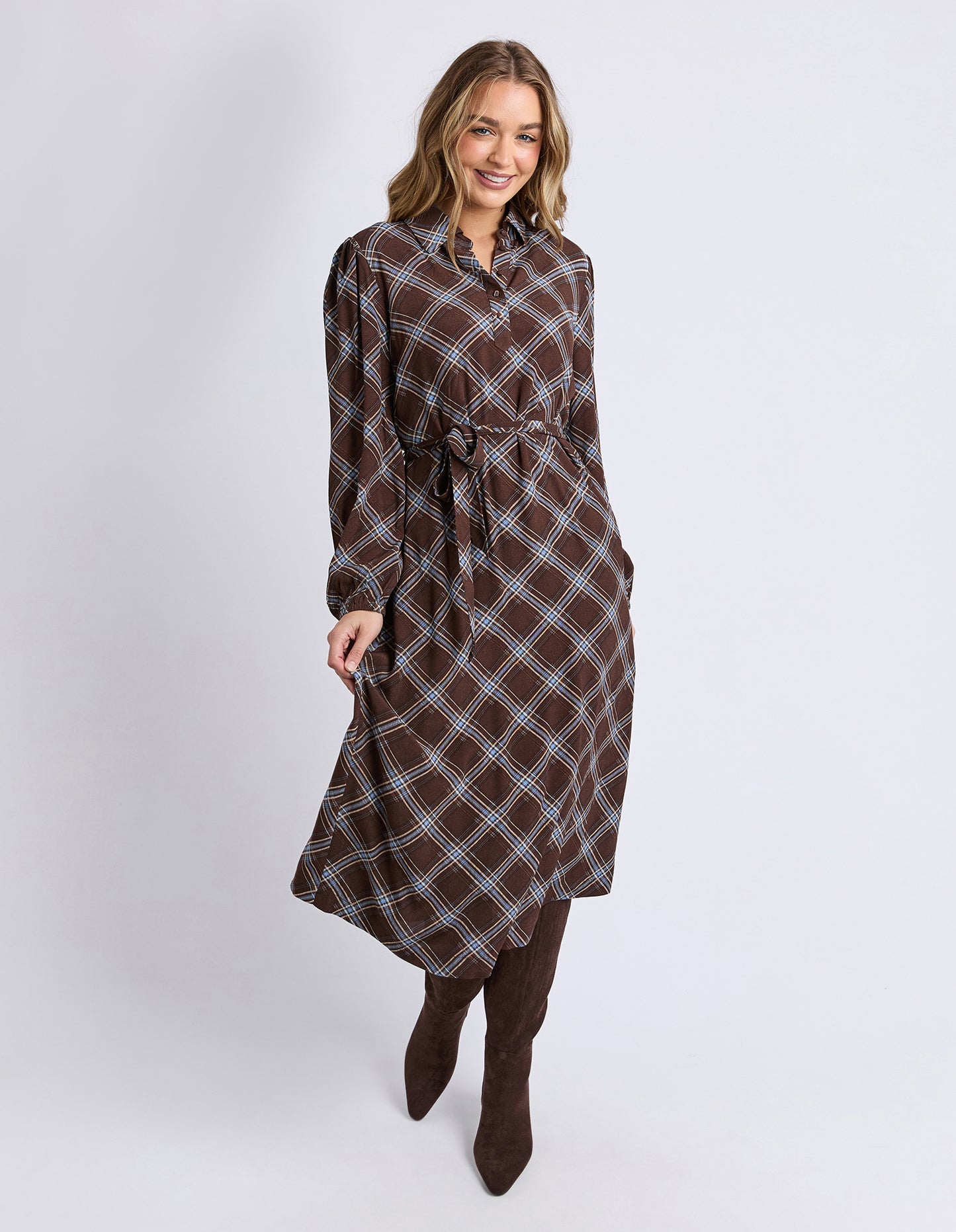 Foxwood Edison Check Dress - Chocolate Check | Relaxed Fit Soft Drape Check Dress