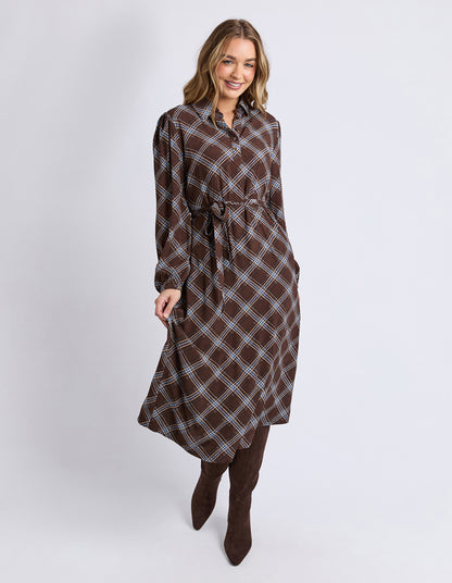 Foxwood Edison Check Dress - Chocolate Check | Relaxed Fit Soft Drape Check Dress